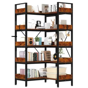 5 Tier Bookshelf, Reversible L Shaped Corner Bookshelf with 10 Open Shelves, 65" Industrial Wooden Corner Shelf Storage Rack with Baffles Etagere for Living Room Home Office