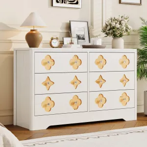 6 Drawer Dresser for Bedroom, 47.2'' Wide Dresser, Boho Chest of Drawers, Wooden Chest with Clothes Storage Cabinet, Decorative Drawer Front Organizer for Bedroom, Living Room, White
