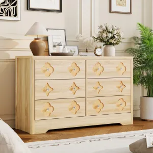 6 Drawer Dresser for Bedroom, 47.2'' Wide Dresser, Boho Chest of Drawers, Wooden Chest with Clothes Storage Cabinet, Decorative Drawer Front Organizer for Bedroom, Living Room, Natural Wood