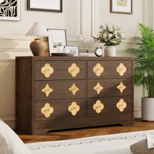 6 Drawer Dresser for Bedroom, 47.2'' Wide Dresser, Boho Chest of Drawers, Wooden Chest with Clothes Storage Cabinet, Decorative Drawer Front Organizer for Bedroom, Living Room, Brown