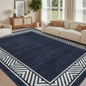 Modern Rugs for Living Room 8x10 Large Bordered Floor Mats Navy Blue, Non-Slip, Stain-Resistant, Foldable Indoor Rug