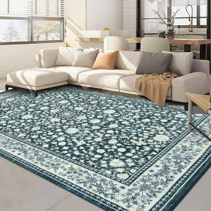 Washable 10x13 Area Rugs Vintage Retro Non Slip Low Pile Floor Mat Teal for Living Room Bedroom Dining Room Home Office