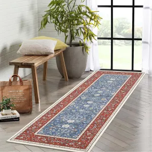 Washable Runner Rug 2x6 Vintage Blue-Red for Hallway Kitchen Bathroom Non-Slip Low-Pile