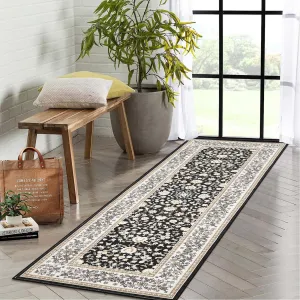 Washable Runner Rug 2x6 Vintage Black Non-Slip Kitchen Hallway Laundry Room Low-Pile Carpet