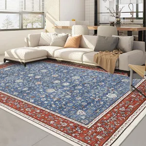 Washable 9x12 Area Rugs Vintage Retro Low Pile Non Slip Blue-Red for Living Room Bedroom Dining Room
