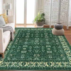 Green 8x10 Floral Rugs Low Pile Vintage Boho Large Rug Non Slip Stain Resistant for Living Room Bedroom Dining Room Home Office