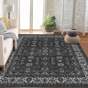 Vintage Floral Rugs Washable Black 9x12 Area Rugs Low Pile Non Slip Stain Resistant for Living Room Bedroom Dining Room Home Office
