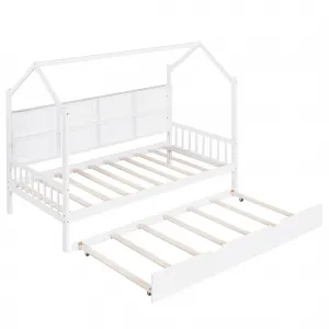 Solid Wooden Twin Size House Bed With Trundle Storage Shelves For Kids Bedroom White One Size
