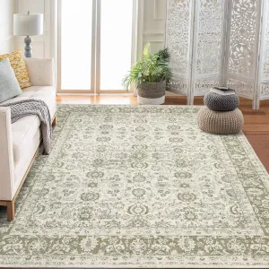 Beige 5x7 Washable Rug Vintage Floral Area Rug Non Slip Low Pile Large Rugs for Living Room Bedroom Farmhouse Dining Room Kids Playroom