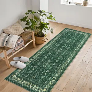 Green Washable Runner Rugs 2x6 Floral Non Slip Kitchen Vintage Boho Rug, Stain Resistant, Entryway, Bedroom, Bathroom