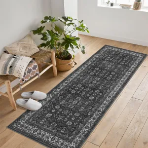 Kitchen Rugs Non Slip Washable 2x6 Runner Rug Vintage Black Floral Low Pile Stain Resistant for Bathroom Bedroom Laundry Room Entryway