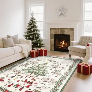 Christmas Area Rug 4x6 Festive Design Non-Slip Polyester Washable Foldable Living Room Bedroom Decor