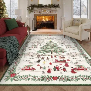 Christmas Living Room Rug 8x10 - Non-Slip, Washable - Polyester, Stain-Resistant - Festive Snowflake Santa Tree - Cozy Bedroom Dining Room