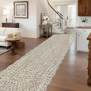 Imitation Braided Collection-Print Long Hallway Runners Beige Gray 2x10 Washable Area Rug, Farmhouse Rustic Bordered Rug, Non Slip Soft Low Pile Indoor Carpet, Entryways Laundry Room