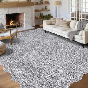 Imitation Braided Collection-Print Farmhouse Living Room Area Rug 8x10, Non-Slip Washable Scalloped Large Carpet, Stain Resistant Ultra-Thin Foldable Floor Cover for Nursery Dining Room