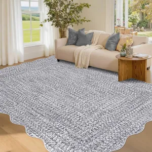 Imitation Braided Collection-Print Scalloped Area Rug 5x7 Washable Rug Non Slip Rubber Backing Farmhouse Floor Cover Ultra-Thin Foldable Carpet Bedroom Living Room