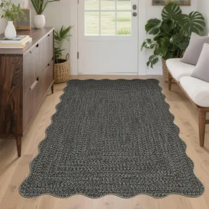 Imitation Braided Collection-Print Washable Area Rug 3x5 Scalloped Entryway Rug Non Slip Rubber Backing Farmhouse Soft Low Pile Rustic Accent Rug