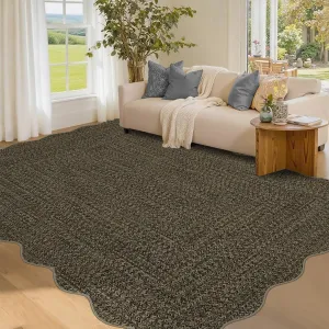 Imitation Braided Collection-Print Scalloped Area Rug 5x7 Washable Non-Slip Rubber Backing Farmhouse Floor Cover, Ultra-Thin Foldable Carpet for Bedroom Living Room