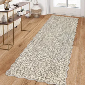 Imitation Braided Collection-Print Washable Runner Rug Beige Gray 2x6 Scalloped Non Slip Kitchen Rugs Indoor Entryway Rug Soft Bath Mat Stain Resistant Carpet for Bedroom Hallway Laundry Nursery