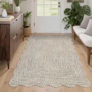 Faux Braided Printed Washable Area Rug, Beige Gray 3x5 Scalloped Edge Non-Slip Low Pile Rug for Entryway, Living Room, Bedroom & Playroom