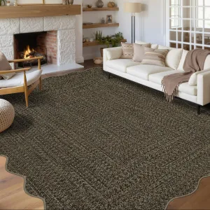 Imitation Braided Collection-Print 8x10 Area Rugs for Living Room, Nursery, Dining Room, Non-Slip Washable, Scalloped Large Carpet, Stain Resistant, Ultra-Thin Foldable, Polyester