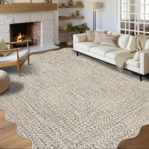 Imitation Braided Collection-Print Washable Rugs Beige Gray 10x13 Area Rug Soft Scalloped Non-Slip Stain Resistant Carpet for Living Room Bedroom Nursery Dining Room