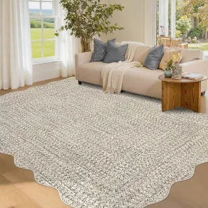 Imitation Braided Collection-Print Washable Area Rug Beige Gray 4x6 Scalloped Entryway Rug Non Slip Rubber Backing Farmhouse Soft Low Pile Rustic Accent Rug