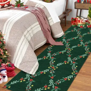 2x8 Runner Rug Modern Christmas Wreath Plaid Indoor Floor Cover Green Lightweight Foldable Non Shedding Low Pile Soft Bedroom Carpet