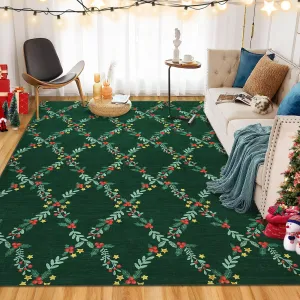4x6 Rug Modern Solid Christmas Wreath Plaid Indoor Floor Cover Green Lightweight Foldable Non Shedding Low Pile Soft Bedroom Carpet