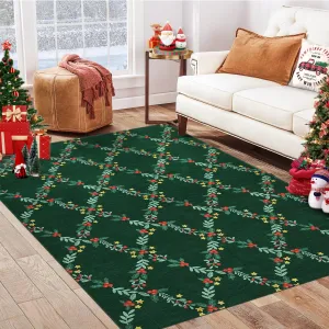 5x7 Rug Modern Christmas Wreath Plaid Indoor Floor Covers Lightweight Foldable Non Shedding Soft Bedroom Carpet Green