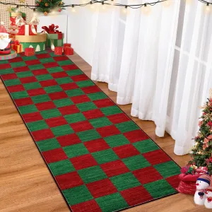 Christmas Runner Rug 2x8 FT Checkered Non-Slip Washable Pearl Velvet Soft Durable Polyester for Hallway Kitchen Nursery Holiday Decor