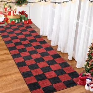 Christmas Runner Rug 2x8 Red Black Checkered Non-Slip Washable Pearl Velvet Low Pile Hallway Kitchen Nursery