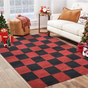 Washable Christmas Area Rug 4x6 Red Black Checkered Non-Slip Soft Pearl Velvet Low Pile Foldable Indoor Living Room Bedroom