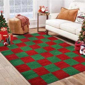 Checkered Christmas Rug 3x5 Low Pile Stain-Resistant Foldable Polyester Non-Slip Red Green Living Room Bedroom Nursery