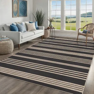 Modern Striped Area Rugs 4x6 Non-Slip Washable Durable Indoor Outdoor Carpet Black Natural