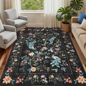 4x6 Washable Area Rug Floral Peacock Soft Black Non Slip Low Pile Small Carpet for Living Room Bedroom Kids Room Office Dining Room