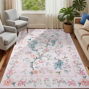 4x6 Pink Washable Area Rug Floral Peacock Design for Bedroom Girls, Living Room, Kids Room, Office, Dining Room, Non Slip, Low Pile, Stain Resistant