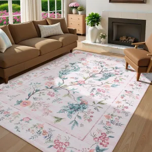 Pink Floral Peacock Rug 5x7 for Bedroom Girls, Living Room, Non Slip, Washable, Soft Low Pile