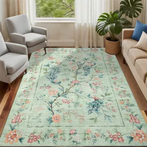 4x6 Washable Area Rug Floral Peacock Soft Non Slip Green Carpet for Living Room Bedroom Kids Room