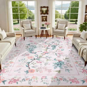 Pink Area Rugs 8x10 Floral Peacock Washable Soft Non Slip Backing for Bedroom Girls Living Room Dining Room Playroom Nursery