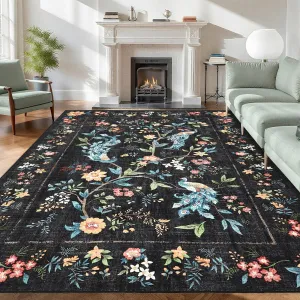 Large Area Rugs 9x12 Floral Peacock Washable Soft Non Slip Backing Black Carpet for Living Room Bedroom Dining Room