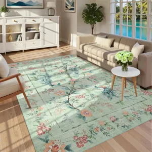 5x7 Area Rug Washable Floral Peacock Rug Non Slip Low Pile Vintage Green for Living Room Bedroom Nursery