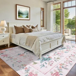 Large Pink Area Rugs 9x12 for Bedroom Girls, Floral Peacock Washable Rug, Soft Non Slip Backing, Indoor Accent Carpet