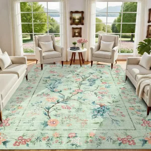 Area Rugs 8x10 Floral Peacock Washable Non Slip Backing Soft Floor Mat for Living Room Bedroom Dining Room