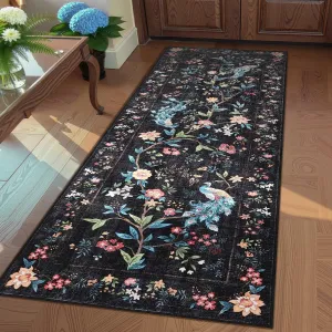 2x6 Washable Runner Rug Floral Peacock Design Non Slip Black Hallway Kitchen Bathroom