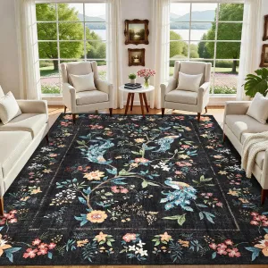 Floral Peacock Area Rug 8x10 Washable Non Slip Backing Soft Thin Accent Rug Black for Living Room Bedroom Dining Room Playroom Nursery Home Decor