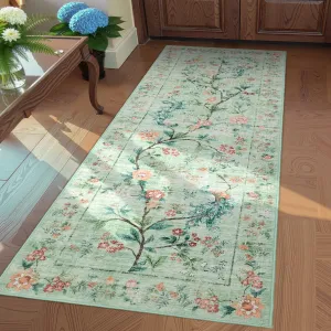 2x6 Washable Runner Rug Soft Floral Peacock Green Non Slip Backing Entryway Kitchen Hallway Bedroom Bathroom