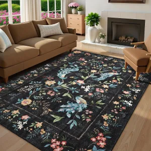 5x7 Area Rug Floral Peacock Black Washable Non Slip Soft Low Pile Indoor Carpet for Living Room Bedroom Dining Room Playroom