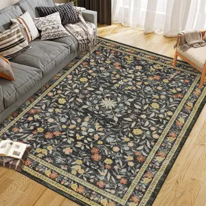 Floral Area Rugs Washable Non Slip Ultra Thin Boho Flower Indoor Floor Carpet Black 8x10Ft