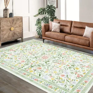 Floral Area Rugs Washable Non Slip Ultra Thin Boho Flower Indoor Floor Carpet Beige 8x10Ft Girls Room Nursery Playroom